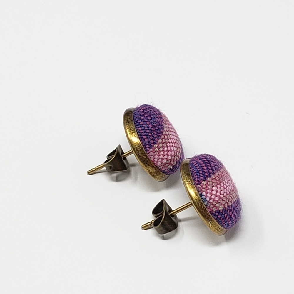 New Handmade | Upcycled Purple Pink Stripe Button Stud Earrings - Picture 3 of 4